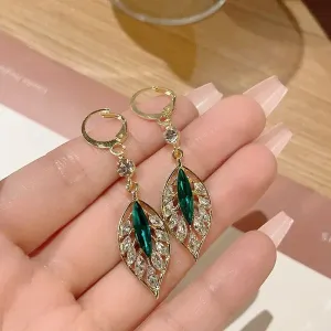 Green Crystal Gold Leaf Dangle Earrings 